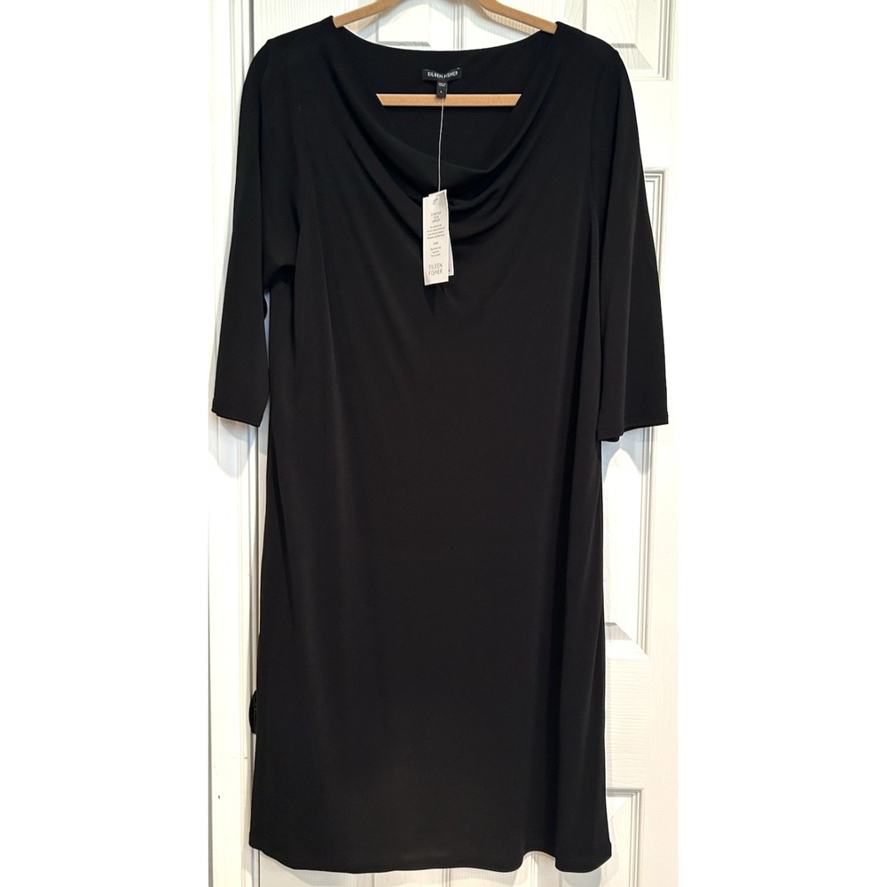 NWT Eileen Fisher Black 100% Silk Drape Neck Stretch Jersey Dress L 3/4 Sleeves